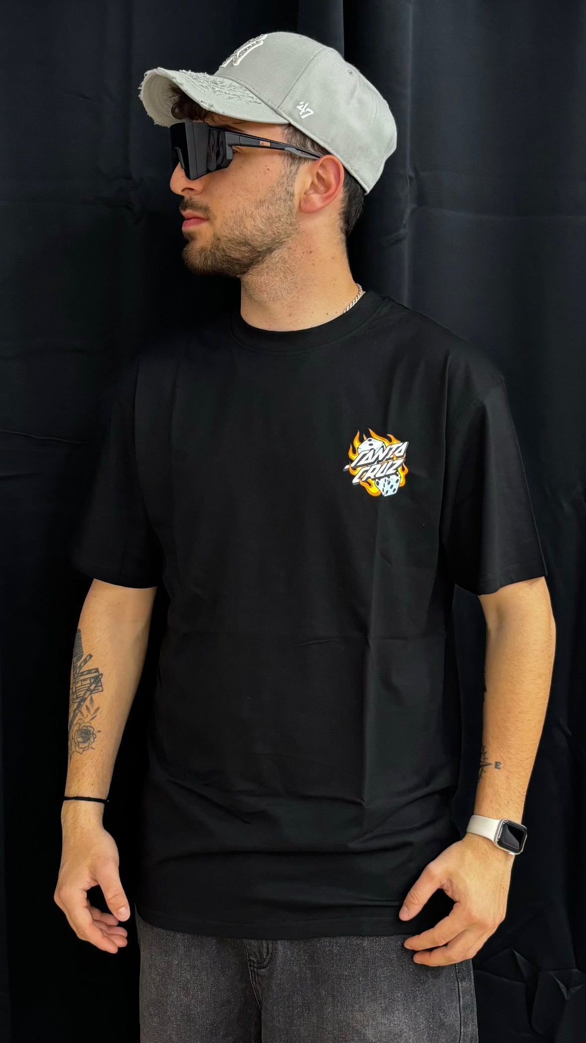 Flaming dice dot chest t-shirt